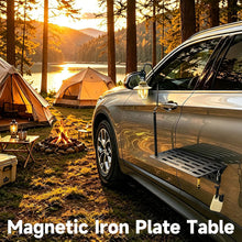 Load image into Gallery viewer, Just-V Magnetic Camping Table for Car Door, Foldable Metal Car Side Tray for Outdoor Camping, Overland Vehicle Shelf with Magnetic Mount, Portable Car Table for Drinks Tools Cooking Gear
